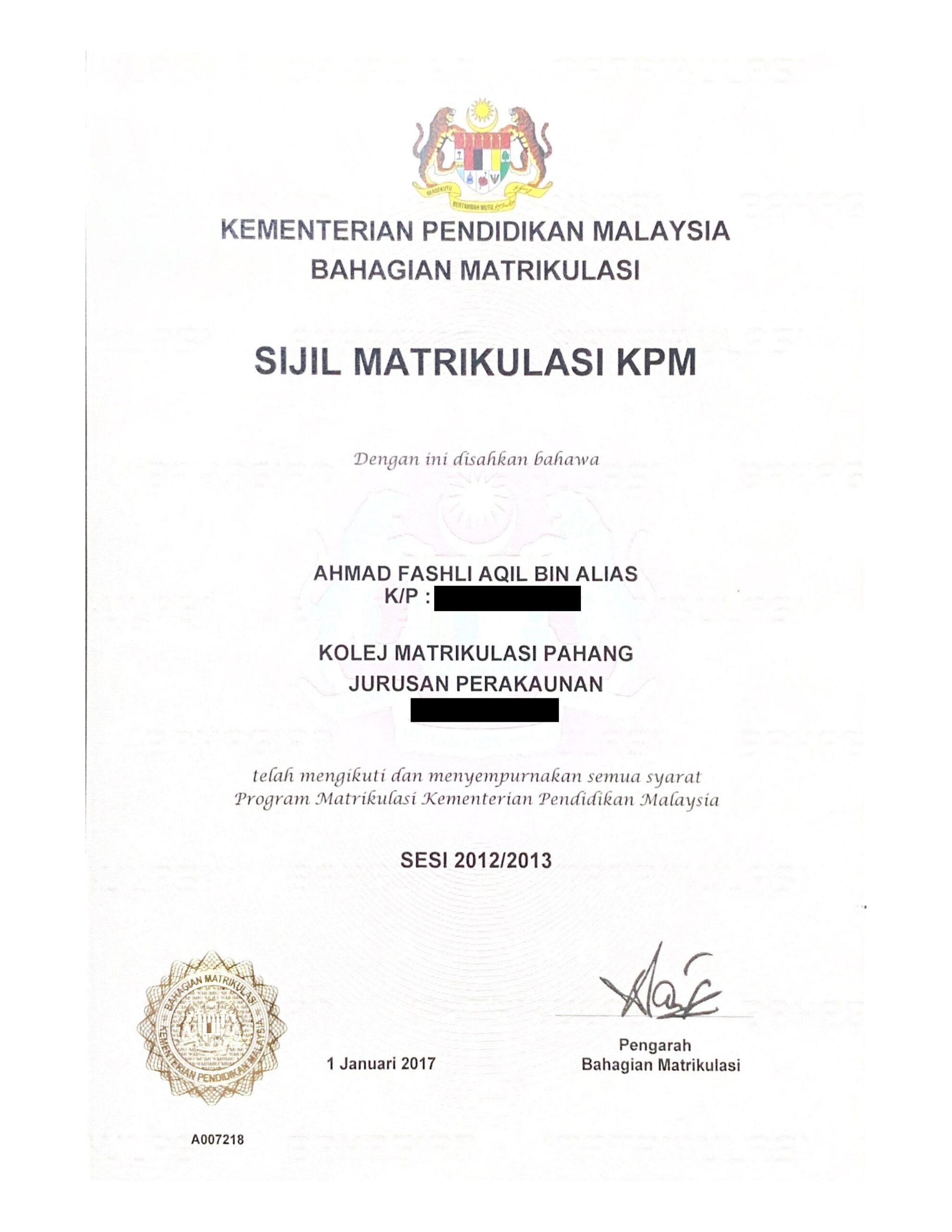 Matriculation Certification